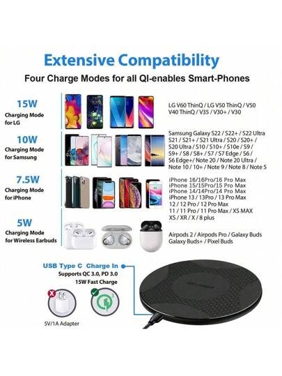 شاحن لاسلكي سريع، لوح شحن لاسلكي بقوة 15 واط كحد أقصى متوافق مع آيفون 16/15/14/13/12/SE/11/11 برو/ XS ماكس/ XR/ X/ 8، متوافق مع ؛ وسادة الشحن اللاسلكية متوافقة مع هواتف سامسونج جالاكسي S23/S22/نوت، مناسب للمكتب والسكن والمنزل