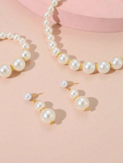 3 قطع طقم مجوهرات من سلسلة وأساور وأقراط متدرجة البسيطة للأطفال مع خرز اللؤلؤ
