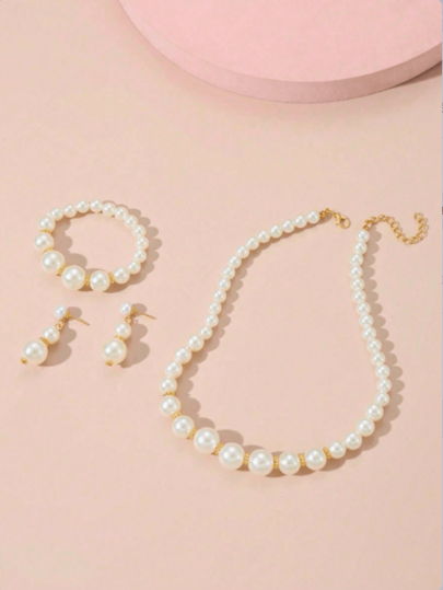 3 قطع طقم مجوهرات من سلسلة وأساور وأقراط متدرجة البسيطة للأطفال مع خرز اللؤلؤ