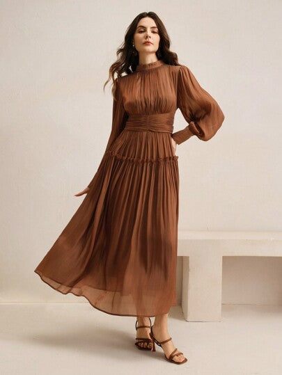 Anewsta فستان ذو خصر عالي وأكمام منتفخة لامعة ذو رقع