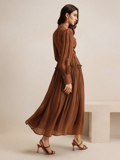 Anewsta فستان ذو خصر عالي وأكمام منتفخة لامعة ذو رقع