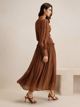 Anewsta فستان ذو خصر عالي وأكمام منتفخة لامعة ذو رقع