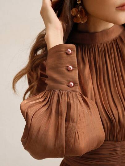 Anewsta فستان ذو خصر عالي وأكمام منتفخة لامعة ذو رقع