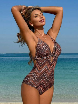 مايوه حريمي قطعة واحدة Swim Vcay بدلة سباحة قطعة واحدة ذات طباعة هندسية بدون ظهر وصدرية للشاطئ والعطلات الصيفية