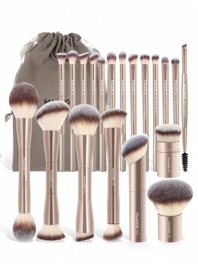 MAANGE طقم فرشاة مكياج محترفة 20 قطعة، مقابض معدنية مع حقيبة مخملية، فرشاة ناعمة للأساس والبودرة والأحمر والظلال والحواجب والخلط والبرز والكابوكي، من شعيرات النايلون لجميع أنواع البشرة، بدون رائحة، مثالية ل- الاستخدام اليومي والسفر، هدية إكسسوار...