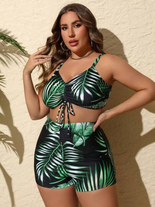 Swim Lushoire مجموعة بيكيني مطبوعة مقاسات كبيرة + كيمونو بأكمام طويلة للتغطية في الصيف