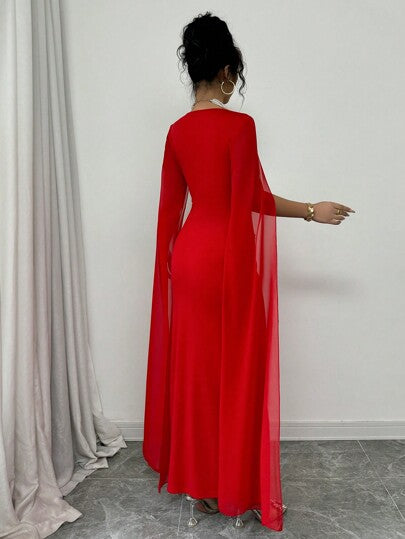 Rafferiza فستان شبه شفاف من الشيفون الأنيق ذو ياقة مرصعة بالراين ستون فاخر مناسب للاستخدام اليومي والأحداث، بتصميم مايرميد ماكسي للسيدات للخريف/الشتاء