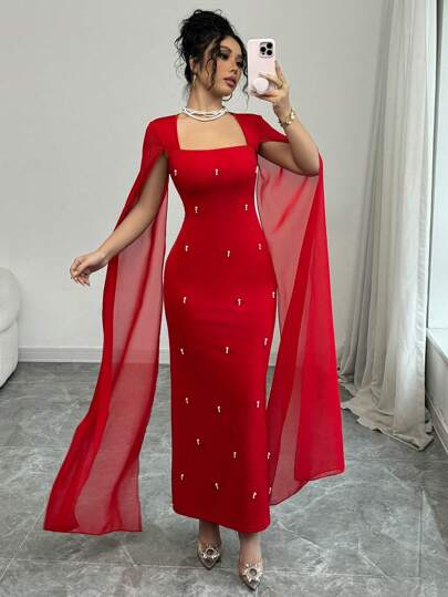 Rafferiza فستان شبه شفاف من الشيفون الأنيق ذو ياقة مرصعة بالراين ستون فاخر مناسب للاستخدام اليومي والأحداث، بتصميم مايرميد ماكسي للسيدات للخريف/الشتاء