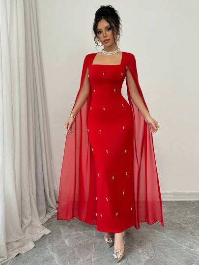 Rafferiza فستان شبه شفاف من الشيفون الأنيق ذو ياقة مرصعة بالراين ستون فاخر مناسب للاستخدام اليومي والأحداث، بتصميم مايرميد ماكسي للسيدات للخريف/الشتاء