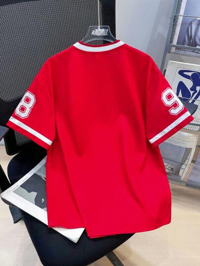 SHEIN قميص كاجوال ألوان متناقضة للأولاد بنمط حرف وياقة البيسبول المرتب، مناسب للصيف، للعب في الهواء الطلق، المدرسة، الشارع، الحفلات والأوقات الفراغ