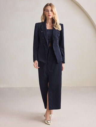 BizChic بليزر أزرق مخطط بأكمام طويلة، بدلة نسائية مناسبة للسفر والعمل، مناسبة للربيع/الصيف، عيد الميلاد، رأس السنة، حفلات العطلات،