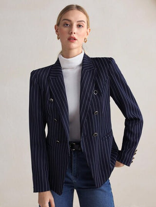 BizChic بليزر أزرق مخطط بأكمام طويلة، بدلة نسائية مناسبة للسفر والعمل، مناسبة للربيع/الصيف، عيد الميلاد، رأس السنة، حفلات العطلات،