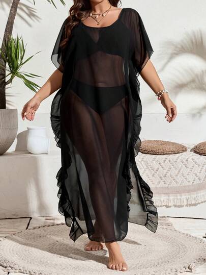 Swim Lushoire بزي دانتيل شبكي مثير بتصميمات خاصة للأحجام الكبيرة مع فتحة جانبية لتغطية الأزياء الصيفية