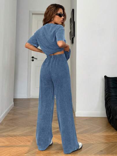 EZwear طقم كاجوال للمنزل للموسم الخريفي/الشتوي، بنطال ساقين مستقيم، قصير الأكمام، رقبة دائرية، مغسول ممزق، فضفاض