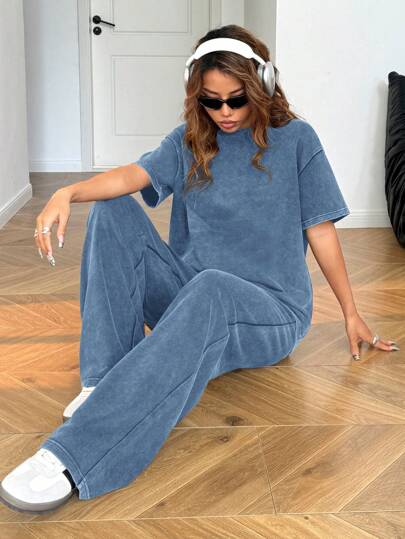 EZwear طقم كاجوال للمنزل للموسم الخريفي/الشتوي، بنطال ساقين مستقيم، قصير الأكمام، رقبة دائرية، مغسول ممزق، فضفاض