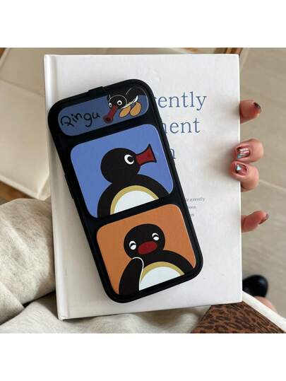 حافظة هاتف مزودة بحامل قابل للطي ومغناطيسي بتصميمي الدب والبطريق لهواتف آيفون 16 برو ماكس/15 برو ماكس/14 برو/13