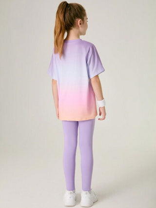 SHEIN مجموعة مكونة من قطعتين للبنات المراهقات: بلوزة + سروال اليوغا وبنطلون رياضي، بتصميم ملون محيك ومرن، أزياء رياضية عصرية للجامعة والشارع