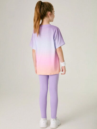 SHEIN مجموعة مكونة من قطعتين للبنات المراهقات: بلوزة + سروال اليوغا وبنطلون رياضي، بتصميم ملون محيك ومرن، أزياء رياضية عصرية للجامعة والشارع