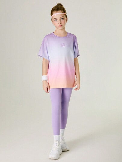 SHEIN مجموعة مكونة من قطعتين للبنات المراهقات: بلوزة + سروال اليوغا وبنطلون رياضي، بتصميم ملون محيك ومرن، أزياء رياضية عصرية للجامعة والشارع