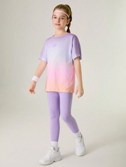 SHEIN مجموعة مكونة من قطعتين للبنات المراهقات: بلوزة + سروال اليوغا وبنطلون رياضي، بتصميم ملون محيك ومرن، أزياء رياضية عصرية للجامعة والشارع