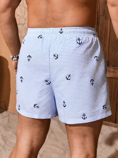 Manfinity VDAYZ سراويل السباحة للرجال ذات خصر مشدود برباط، بطانة داخلية، قطعي بطريقة مرنة في 4 اتجاهات مع طباعة شعار الزهر، مناسبة للجيم والشاطئ والاستحمام، قماش أزرق وأبيض منسوج غير مطاطي مع بطانة، شورت شاطئ هاواي