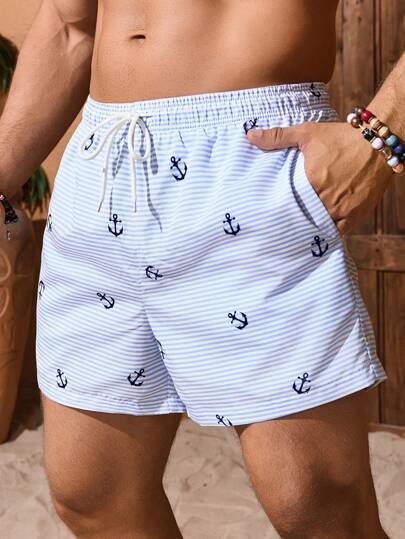 Manfinity VDAYZ سراويل السباحة للرجال ذات خصر مشدود برباط، بطانة داخلية، قطعي بطريقة مرنة في 4 اتجاهات مع طباعة شعار الزهر، مناسبة للجيم والشاطئ والاستحمام، قماش أزرق وأبيض منسوج غير مطاطي مع بطانة، شورت شاطئ هاواي