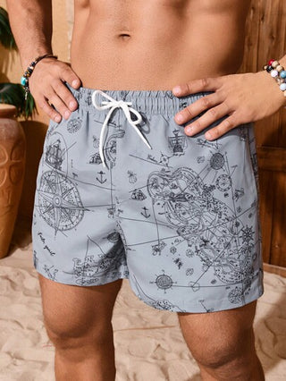 Manfinity Swimmode شورت شاطئ مطبوع بنمط ألوان مختلطة مع جيوب وربطة أمامية، كاجوال للعطلات الاسترخاء والأجواء الهاواي
