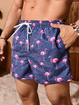 Manfinity VDAYZ سروال قصير كاجول للرجال بخصر رباط وبطبعة فلامنجو، طراز هاواي