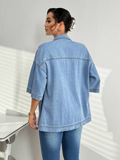 Essnce جاكيت جينز نسائي بياقة صدرية منفردة، قصير الأكمام نصف الكتف، بجيوب فضفاض