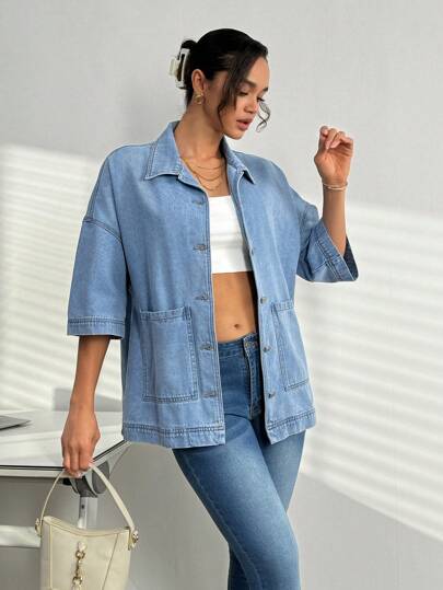 Essnce جاكيت جينز نسائي بياقة صدرية منفردة، قصير الأكمام نصف الكتف، بجيوب فضفاض