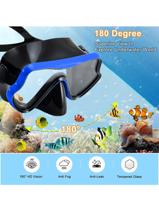 JoyMaySun طقم الشامة والزعنفة والأنبوب للكبار، قناع أنبوب تنفس بمنظر بانوراما، قناع أنبوب تنفس قابل للتعديل، زعنفة غوص جافة وحقيبة سفر