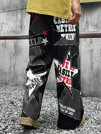 Manfinity Streetrush سروال رياضي طويل بطباعة حرفية أمامية وربطة، للاستخدام اليومي للرجال