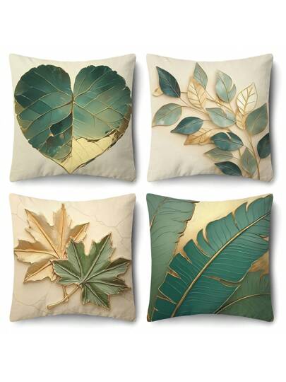 طقم ربيعي مكون من 4 قطع ، أغطية وسادات مطبوعة بورق الشجر القديم مقاس 18 * 18 بوصة ، أغطية وسائد كنب من البوليستر بسحاب، مناسبة لديكور غرفة النوم وغرفة المعيشة، قابلة للغسل في الغسالة
