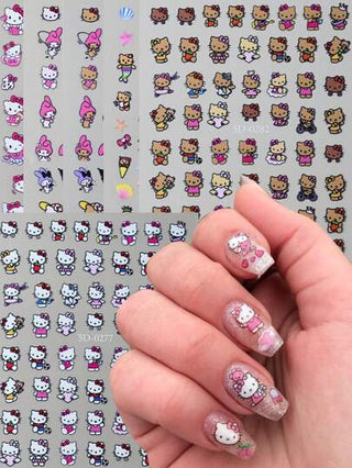 Sanrio 6 ورقة/مجموعة ملصقات أظافر هالو كيتي أنمي ياباني، لامع ثلاثي الأبعاد لديكورات كيتي القطة الكرتونية، كوروني وميلودي، ملصقات فنية للأظافر DIY، مستلزمات أظافر كهدايا للنساء والفتيات