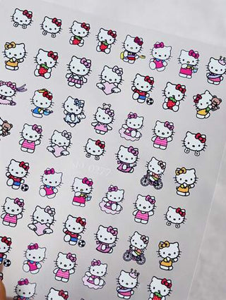 Sanrio 6 ورقة/مجموعة ملصقات أظافر هالو كيتي أنمي ياباني، لامع ثلاثي الأبعاد لديكورات كيتي القطة الكرتونية، كوروني وميلودي، ملصقات فنية للأظافر DIY، مستلزمات أظافر كهدايا للنساء والفتيات