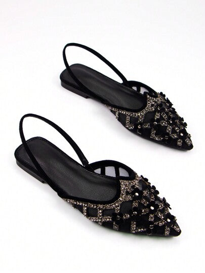 نعال شرائط خلفية مصنوعة من البلور المرصع بأزهار مزخرفة على قماش مخمل أسود ذات رؤوس مدببة للنساء، أنيقة ومريحة للاستعمال اليومي والحفلات، مسطحة