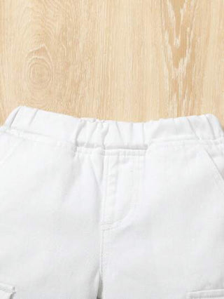 SHEIN بنطلون كارجو دنيم أبيض مرتخي الحجم مع وتصميم خيط قديم للأولاد، مناسب للملابس الكاجوال في الربيع والصيف