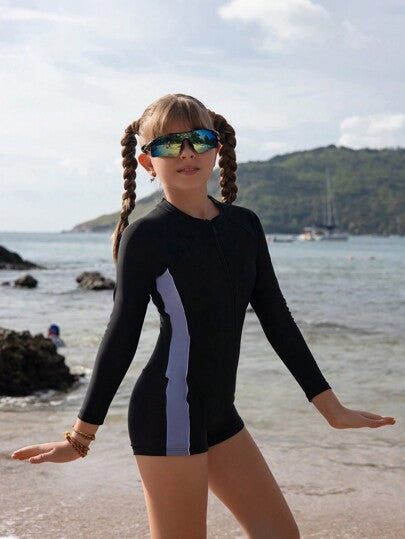 SHEIN بدلة سباحة قطعة واحدة كاملة مع سحاب من الأمام، ملائمة للفتيات من عمر المراهقة، تصميم محاذي الألوان متناسق، مناسبة للغوص والتزحلق على الأمواج ، صالحة للاستخدام في الشاطئ والسباحة، ذات موحد اللون وتصميم ضيق بأكمام طويلة للوقاية من أشعة الشمس ، تصميم م