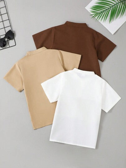 3 قطع/مجموعة قميص تغيير الألوان للصبي المراهق الصيفي (ثلاثي الألوان) بتفاصيل بولو قصير الأكمام ، لون بيج ، بني ، ارتداء بسيط وكاجوال للتنقل