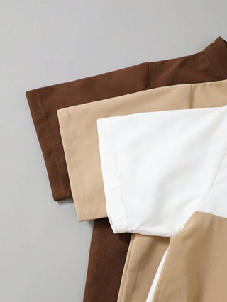 3 قطع/مجموعة قميص تغيير الألوان للصبي المراهق الصيفي (ثلاثي الألوان) بتفاصيل بولو قصير الأكمام ، لون بيج ، بني ، ارتداء بسيط وكاجوال للتنقل