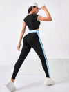SHEIN Sport Studio طقم رياضي للنساء بأكمام راجلان والكتل اللونية، طقم تدريب للنساء، طقم سروال ضيق للتمارين