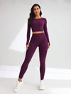 SHEIN Sport Studio بدلة رياضية سبورت طويلة الأكمام وتايت سبورت قطعتين، بتصميم أحادي اللون خالي من الحواف، مجموعة ملابس رياضية للنساء