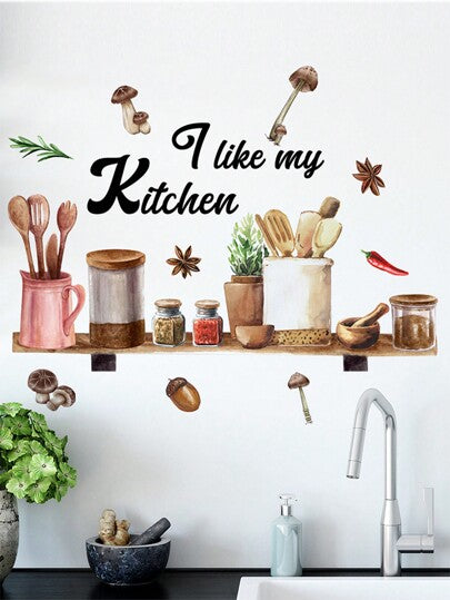 قطعة واحدة ملصق حائطي لرف أدوات المطبخ، "أنا أحب مطبخي" ملصق فينيل قابل للإزالة لاستخدامه في المطبخ وغرفة الطعام والمخبز والبار وديكور المنزل