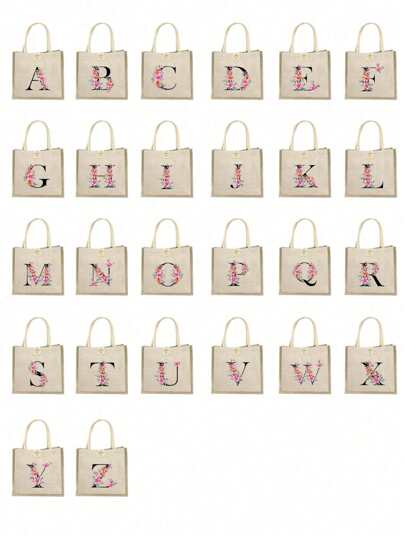 1 حقيبة شاطئ مع حرف الأولى من الاسم المخصص مع زهرة، حقيبة تسوق قماشية كاجوال محمولة، حقيبة كتف من الجوت عصرية، حقيبة يد خفيفة للسفر، هدايا للوصيفات وحفلات العرسان وحفلات البنات