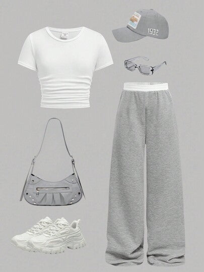 SHEIN Girlism مجموعة من ملابس علوية كم قصير وبنطال ساق مستقيم من الصوف اللينة للفتيات المراهقات الرياضية