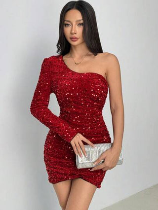 PETITE فستان حفلة للنساء أحادي الكتف ضيق الجسم مزين بالترتر