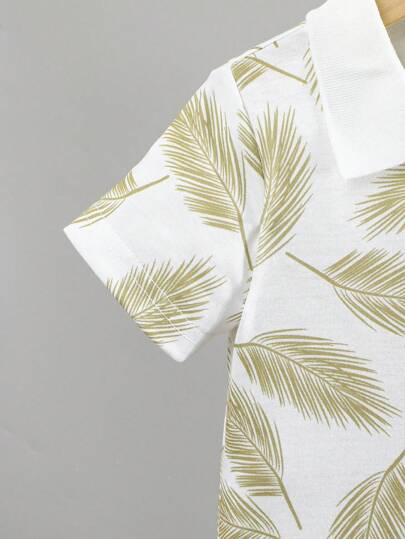 مجموعة 2 قطعة، بلوزة بولو مع رسم شجرة صنوبر للأولاد الرضع مع بنطلون أحادي اللون، ملابس خفيفة للاستخدام اليومي والخارجي، لفصل الربيع/الصيف