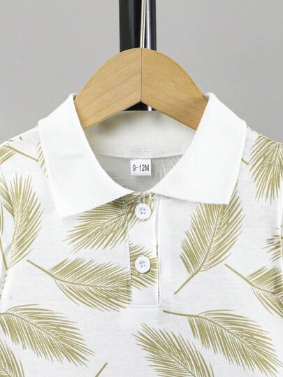 مجموعة 2 قطعة، بلوزة بولو مع رسم شجرة صنوبر للأولاد الرضع مع بنطلون أحادي اللون، ملابس خفيفة للاستخدام اليومي والخارجي، لفصل الربيع/الصيف