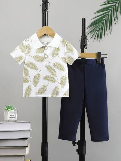 مجموعة 2 قطعة، بلوزة بولو مع رسم شجرة صنوبر للأولاد الرضع مع بنطلون أحادي اللون، ملابس خفيفة للاستخدام اليومي والخارجي، لفصل الربيع/الصيف