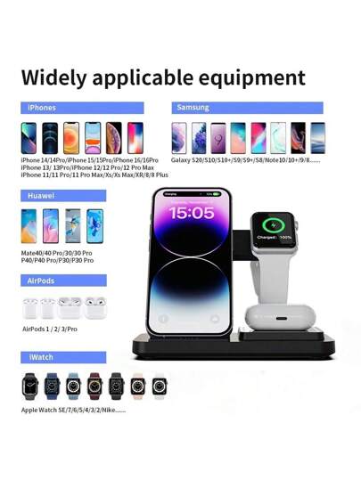 شاحن لاسلكي 3 في 1 متوافق مع أجهزة 15 و 14 و 13 و 12 برو ماكس و 11 بشحن سريع 15 واط، قاعدة شحن متوافقة مع ساعة Apple وسماعات ، حامل شحن لاسلكي متوافق مع أجهزة 16 و 15 و 14 و 13 و 12 و 11 و X و 8 برو ماكس/برو/مني/بلس، متوافق مع ساعة ومع سماعات ، مناسب للمك